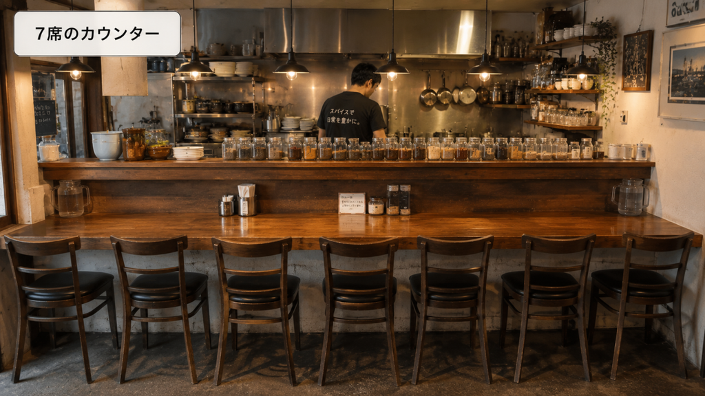 7席のカウンター席がある小さなカレー店のイメージ