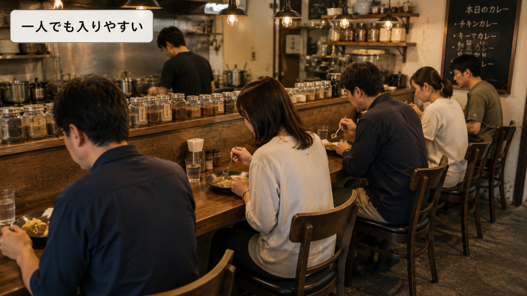 一人客が多いカレー店のカウンター席