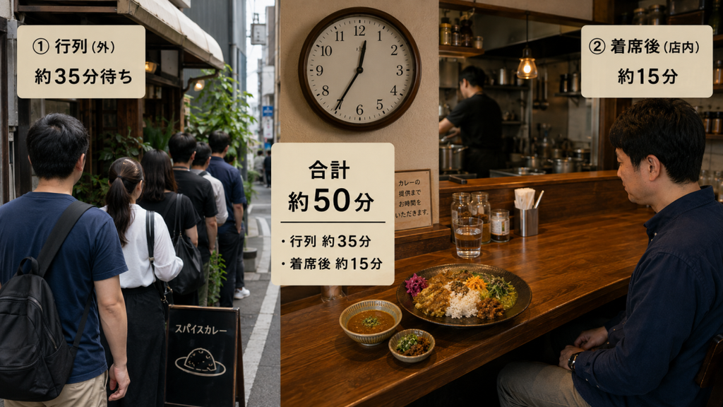 カレー店の行列と待ち時間のイメージ