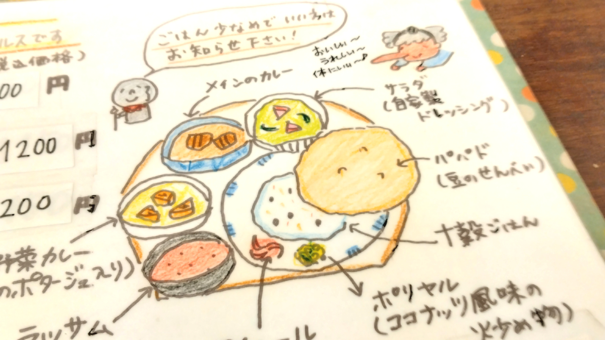 副菜の説明と食べ方が書いてあるメニュー表