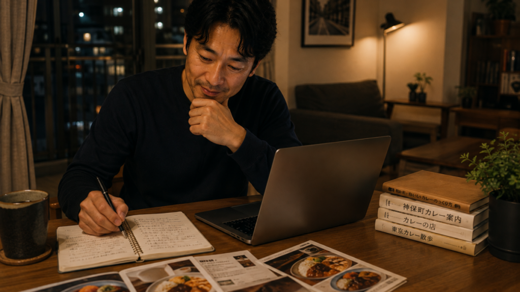 実際に訪れたカレー店の写真や記録を見ながらレビューを執筆中